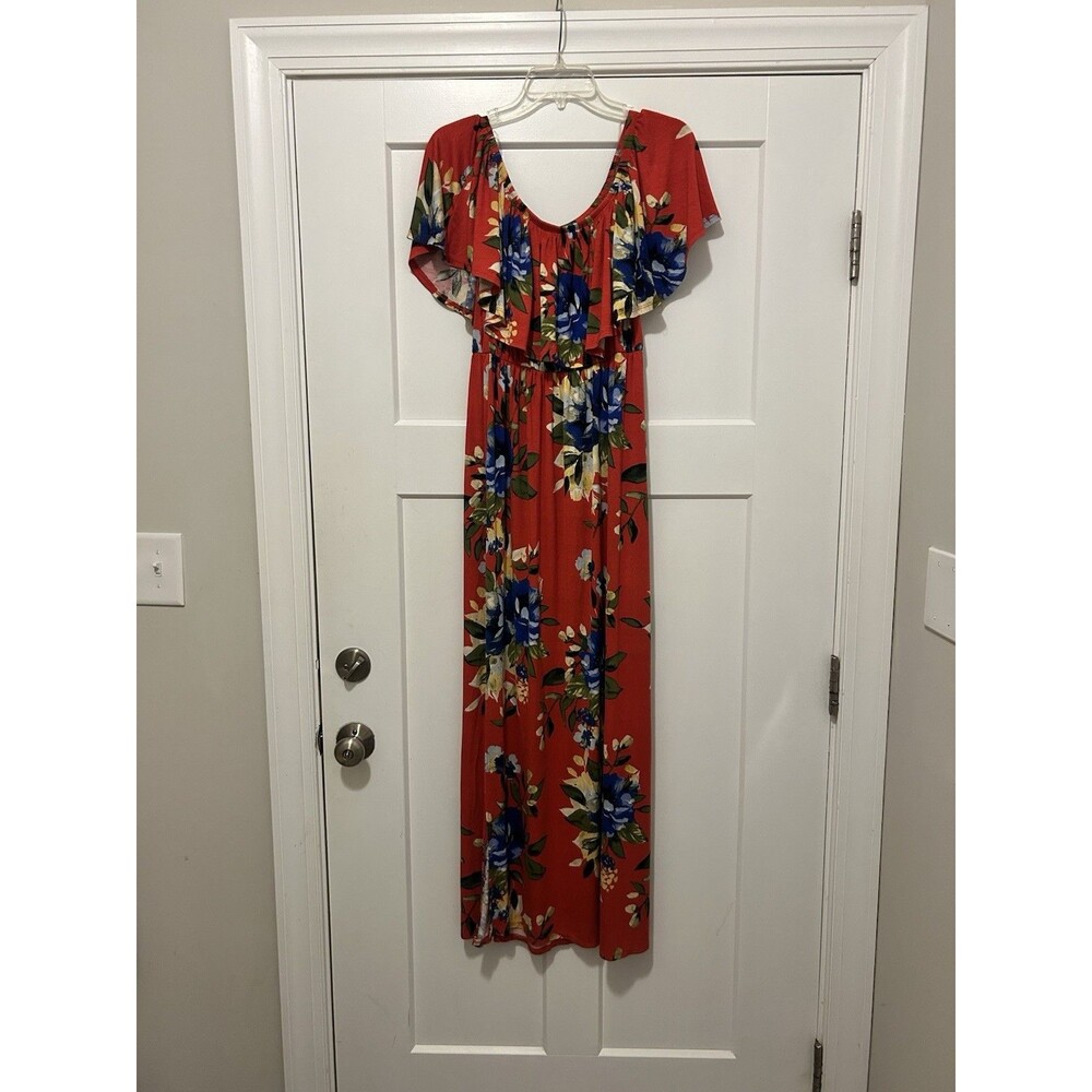 Jodifl Red Floral Off Shoulder  Size Small Maxi Dress Gathered Waist Split Joint